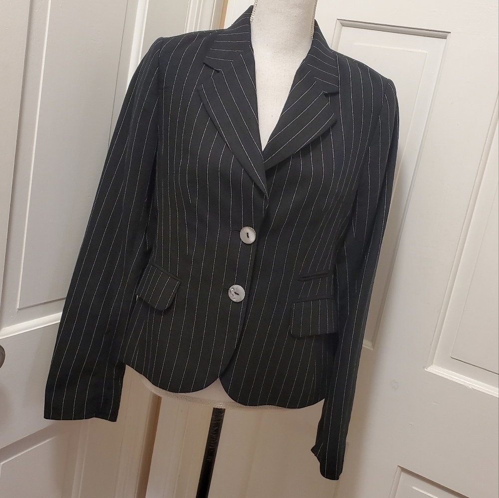 H&M Black & White Striped Linen Blazer Career, Casual Size 8